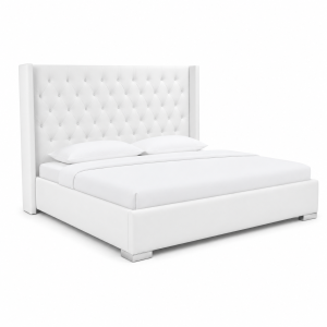 Regal Bed featuring a tall white diamond-tufted wingback upholstered headboard with a modern platform frame in a luxurious contemporary bedroom.
