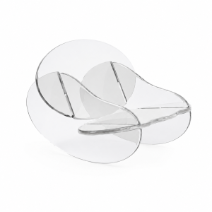 Transparent acrylic sculptural lounge chair with curved organic design, modern contemporary style, clear lucite construction,