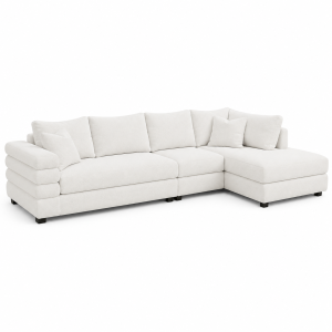 Modern cream sectional sofa with chaise lounge, layered arm design, and Elegant MILI sectional sofa with chaise lounge styled in a warm contemporary living room.