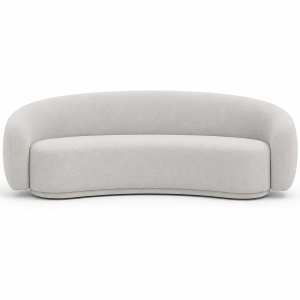 Modern curved bouclé sofa in cream fabric with rounded contemporary design isolated on white background.