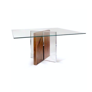 Modern glass dining table with acrylic base and reclaimed wood accent – custom furniture by Gusto Design Collection